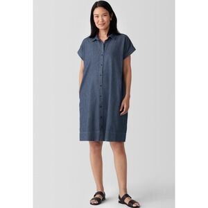 EILEEN FISHER Airy Organic Cotton Twill Shirtdress Blue Denim Womens Size XL EUC